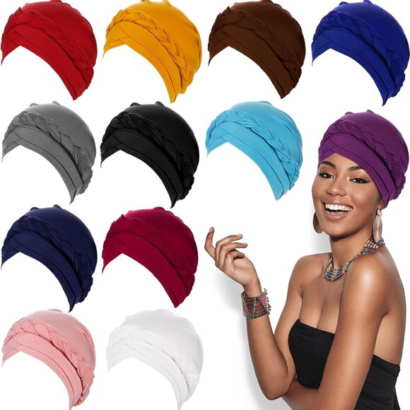 12 Pack Braid Turban Cap for Women Ethnic Bohemia Twisted Hair Cover Wrap Hat Af